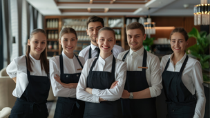 6 junge Lehrlinge in weißen Blusen und schwarzen Schürzen