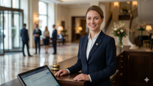 Frau, die an der Rezeption steht