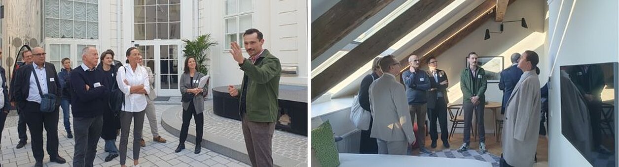 Collage aus 2 Bildern mit der Gruppe im Hof und im Zimmer