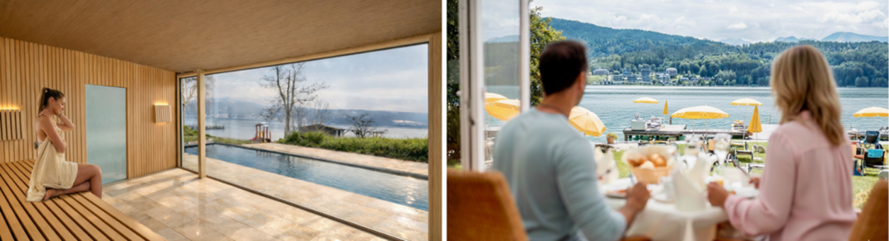 Sauna und Paar beim Frühstück mit Seeblick