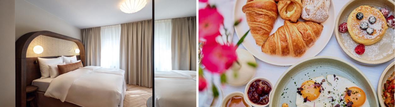 Collage Hotelzimmer und Frühstück