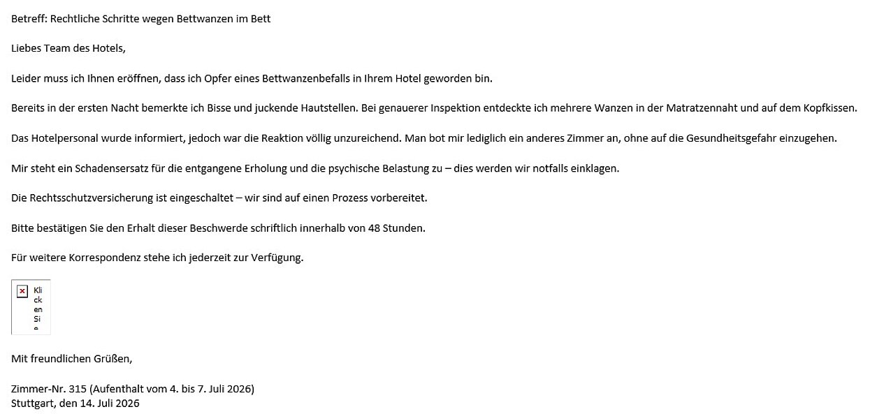 Fake Mail zu Bettwanzen