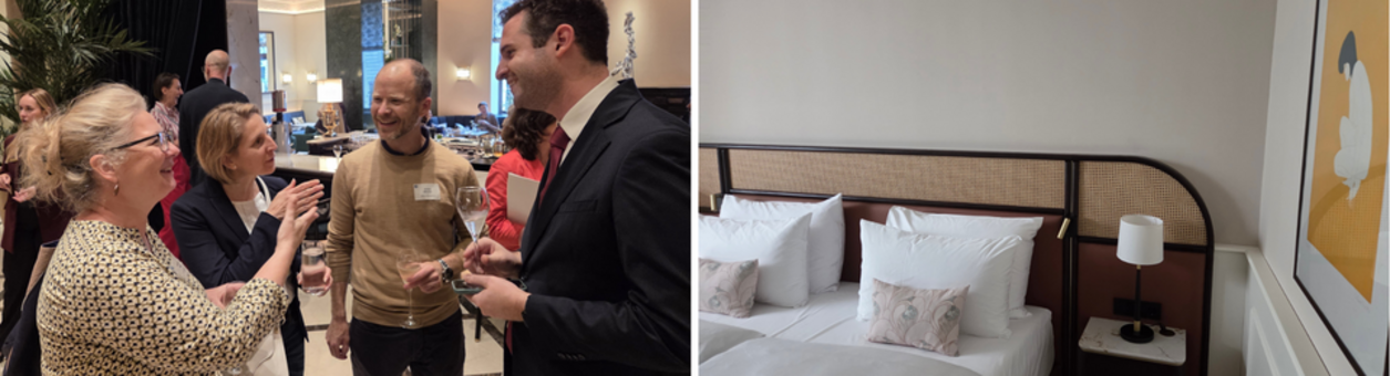 Collage Gäste bei Besichtigung und Betthaupt Hotelzimmer