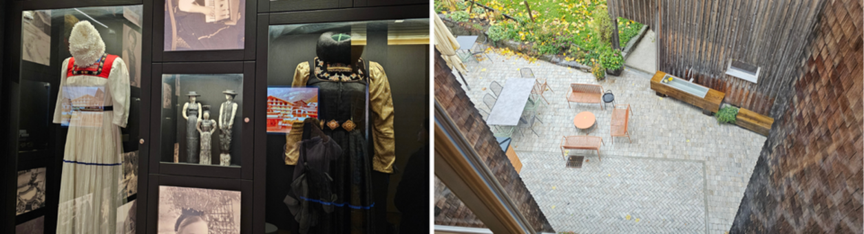 Collage aus 2 Bildern - einmal mit Bregenzerwaldtrachten und Hotelgarten