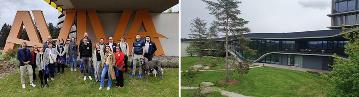 Gruppenbild vor Aviva-Schriftzug und Außenansicht Loxone Hotel