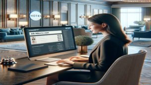 Frau in Hotellobby vor Bildschirm, created by DALL_E