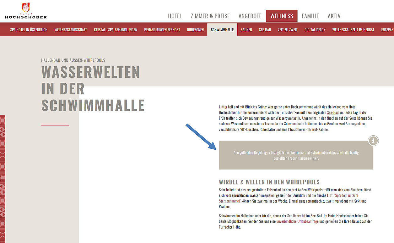 Covid Customer Journey auf der Website des Hotel Hochschober