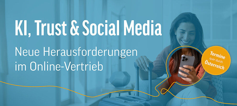 Frau die auf dem Handy spielt und Informationen zu den ÖHV-Branchen.Treffs 2026